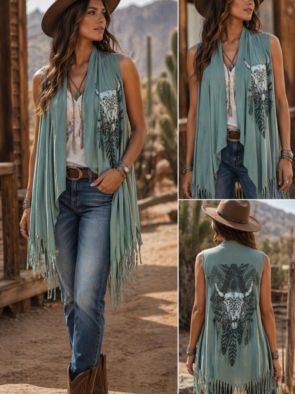 Southwestern Style Kimono Duster By Vocal Womens XL  Bull Head Bling Fringe Boho